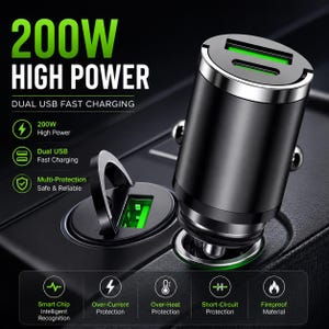 May include: A black cylindrical car charger with two USB ports featuring green accents. The text reads 200W HIGH POWER, DUAL USB FAST CHARGING, Smart Chip, Over-Current Protection, Over-Heat Protection, Short-Circuit Protection, and Fireproof Material.