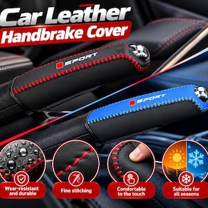 May include: A black and blue leather handbrake cover set featuring red or blue contrast stitching, a silver metallic tip, and the text SPORT printed in white with a red square. The covers are designed for car interiors with a textured finish.