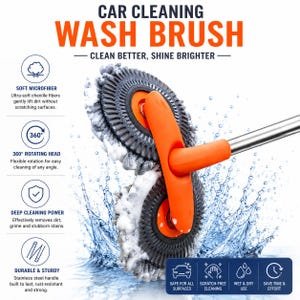 May include: A car cleaning wash brush with two circular grey microfiber heads and a bright orange plastic frame attached to a stainless steel handle. The text reads CAR CLEANING WASH BRUSH, CLEAN BETTER, SHINE BRIGHTER, and lists features.