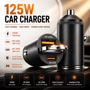 May include: A black car charger with a metallic pull ring, featuring one USB-A port labelled QC 60W and one USB-C port labelled PD 65W. The device displays 125W total power, fast charge, safe drive, and universal fit for 12V-24V vehicles with an intelligent chip.