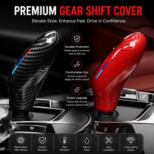 Carbon Fiber Gear Shift Knob Cover | ABS Interior Trim Protector | Sport Console Accent | Black & Red