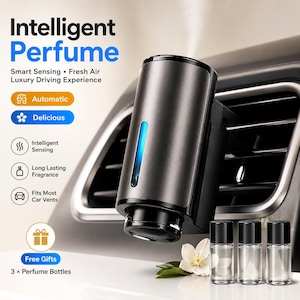 May include: A dark gray cylindrical car air freshener diffuser attached to a vehicle vent, emitting a mist. Text reads Intelligent Perfume, Smart Sensing, Fresh Air, Luxury Driving Experience, Automatic, Delicious, and 3 x Perfume Bottles.