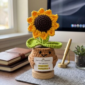 Emotional Support Crochet Sunflower, Positive Desk Decor, Handmade Crochet Plant, Teacher Appreciation Gift, Coworker Gift, Friend Gift