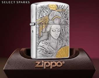 Japanese Geisha Lighter, Traditional Oriental Portrait Engraved Case Art, Premium Collectible Display Piece, Unique Gift for Him Men
