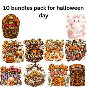 Könnte beinhalten: Eine Sammlung von 10 Halloween-Grafikdesigns mit Geistern, Kürbissen, Skeletten und Süßigkeiten. Der Text enthält Phrasen wie Fright Night Fever, Sweet & Spooky Babe, Witchy Vibes Only, Haunted Honey, Ghouls Just Wanna Party, Too Cute To Spook, Boo Crew Forever, Spooky But Sweet und Pumpkin Party Club.