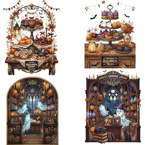 Könnte beinhalten: Eine Sammlung von vier Halloween-Illustrationen, die eine Bäckereiauslage mit Cupcakes, Keksen und Donuts sowie zwei Szenen einer geisterhaften Bibliothek mit schwebenden Geistern, Büchern und Regalen zeigen, dekoriert mit Kürbissen und Fledermäusen.