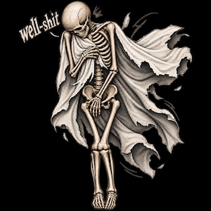 Könnte beinhalten: Eine grafische Darstellung eines menschlichen Skeletts, das in einen zerfetzten, cremefarbenen Stoffumhang gehüllt ist. Das Skelett ist gebeugt, die Hände bedecken Brust und Beckenbereich. Der Text "well-shit" erscheint in einer stilisierten Schrift.