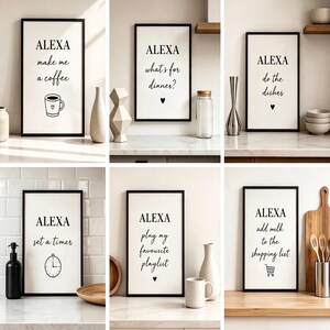 Alexa Kitchen Prints Bundle | Funny Alexa Wall Art Set | Smart Home Printable Signs | Coffee, Dinner, Dishes, Timer & Shopping List
