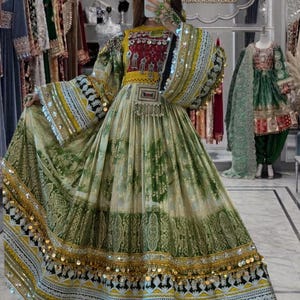 Könnte beinhalten: Ein bodenlanges Kleid mit grün-cremefarbenem Batikmuster, aufwendigen Goldstickereien, einem dunkelroten Brustbereich, weiten Ärmeln und einem Saum, der mit metallischen Goldmünzen und reflektierenden Spiegelakzenten verziert ist.