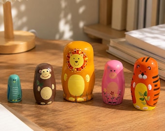 Wooden Animal Nesting Dolls, Russian Matryoshka Set, Woodland Forest Decoration