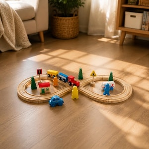 May include: A wooden toy train set arranged in a figure-eight track layout. The set includes a red engine, a blue carriage, a yellow tanker, a white ambulance, a small house, green trees, traffic signs, and colorful wooden figures on the tracks.
