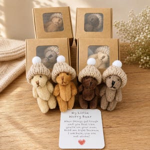 May include: Four small plush teddy bears in various shades of brown, each wearing a beige knit hat with a white pom-pom. Behind them are four brown cardboard gift boxes with clear windows. A white card reads My Little Worry Bear with text.