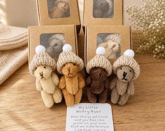 Pocket Worry Bear Plush, Knitted Hat Companion, Encouragement Gift