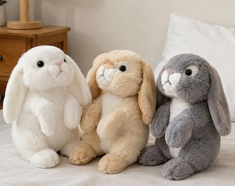 Floppy Ear Bunny Plush, Sitting Rabbit Stuffed Animal, White Gray Beige Room Decor
