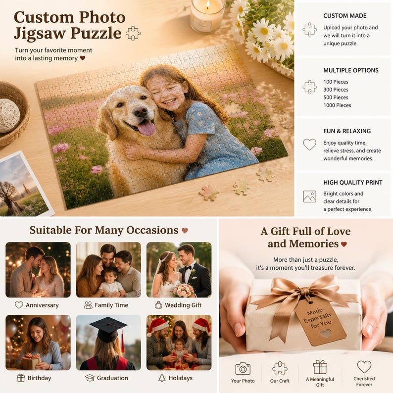 Custom Photo Puzzle Personalized Picture Jigsaw Puzzle Memory Gift For Couples Family Friends image 2