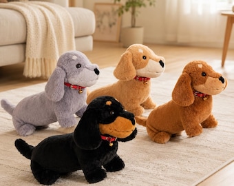 Realistic Dachshund Stuffed Animal Long Dog Toy with Red Collar
