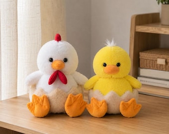 Eggshell Chick Plush, White Chicken and Yellow Chick Stuffed Animal, Cute Farm Animal Room Decor