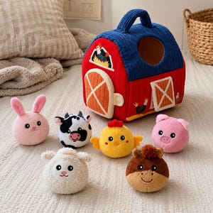 May include: A red and blue corduroy barn-shaped carrying case with a handle and circular opening, accompanied by six plush animal toys: a pink rabbit, a black and white cow, a yellow chick, a pink pig, a white sheep, and a brown horse.