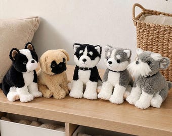 Sitting Puppy Plush, Black and White Stuffed Dog, Cute Dog Lover Room Decor