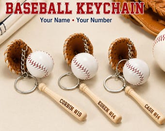 Personalized Baseball Keychain, Custom Name and Number Player Bag Tag, Team Keepsake