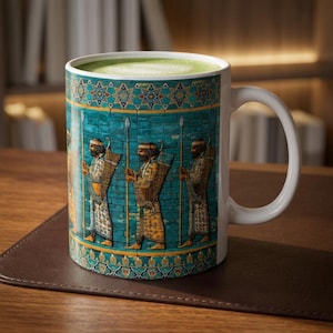May include: A white ceramic mug filled with green tea, featuring a wrap-around print of ancient Persian soldiers in yellow and white robes holding spears against a teal brick wall, accented by intricate geometric star patterns at the top and bottom.