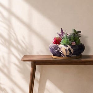 Ceramic Bonsai Planter Bowl, Black Marble Finish, Drainage Tray (7.3 Inch)