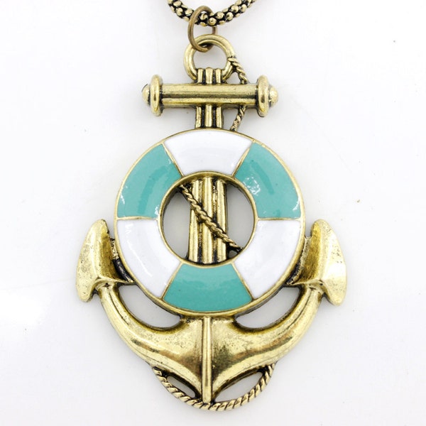 Vintage Beautiful Bright Gold-tone Life Ring Anchor Pendant NECKLACE