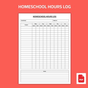 Op de afbeelding: Een homeschool urenregistratie sjabloon op wit papier met zwarte tekst en rasterlijnen. Het document bevat velden voor de naam van de leerling, week, vak, dagelijkse start- en eindtijden van maandag tot vrijdag en een sectie voor notities.