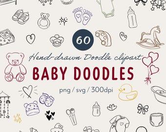 Puede incluir: Una colección de 60 ilustraciones de garabatos dibujados a mano con temática de bebé, incluyendo cuna, osito de peluche, zapatos, chupete, biberón, body, caballito de madera, patito de goma, cochecito y corazones. El texto dice 60 BABY DOODLES.