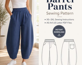 Barrel Pant Sewing Pattern | PDF Pants Pattern Sizes XS-3XL | Elastic Waist Trousers | Relaxed Fit Balloon Pants | GrandeMamas