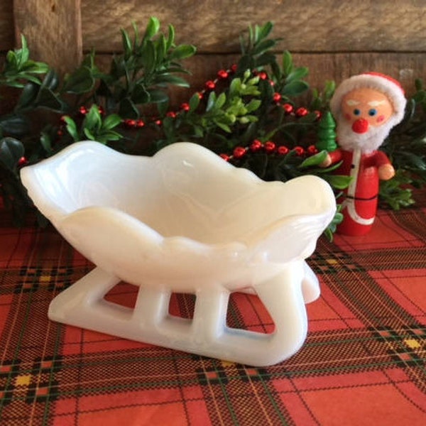 Milkglass Fostoria Santa Sleigh, Christmas Decor, Small Vintage Fostoria Sled, Gift for Milkglass Collector, Fostoria Candy Dish