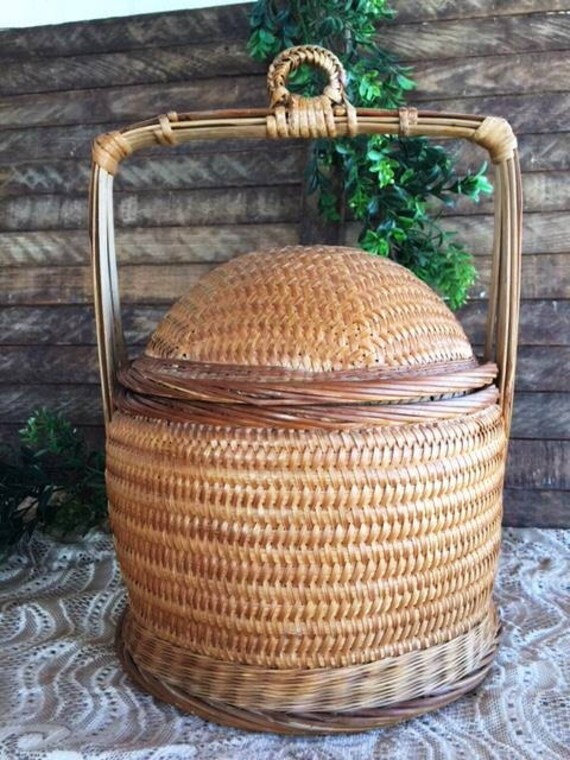 Tall Round Handle Basket with Lid Vintage Boho Chic Storage Etsy
