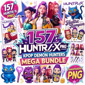 Puede incluir: Una colección gráfica digital titulada 157 HUNTR/X PNG KPOP DEMON HUNTERS MEGA BUNDLE que presenta personajes estilo anime con cabello morado, rojo y negro, criaturas felinas azules, tazones de comida, micrófonos e iconos de estrellas.