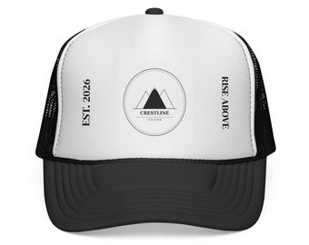 Boné Trucker Crestline Goods | Boné Snapback com Logo de Montanha | Parte Traseira em Tela Retrô | Moda Urbana para Atividades ao Ar Livre | Presente Unissex