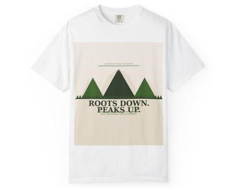 Camiseta de montanha tingida em peça de tecido pesado | Camiseta com estampa gráfica da natureza em lavagem vintage