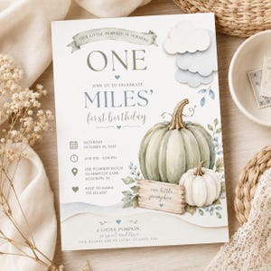 May include: A first birthday invitation card featuring a watercolour illustration of two pumpkins, one large sage green and one small white, with blue clouds, green leaves, and text reading Our Little Pumpkin Is Turning One Miles' First Birthday.