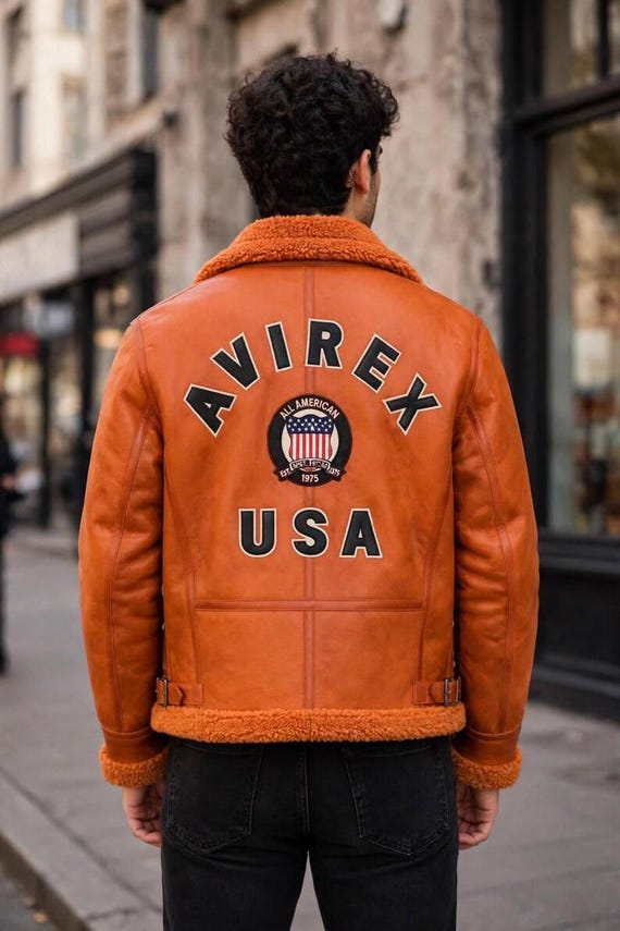 Avirex, Avirex Men’s Cognac Brown Shearling Jacket, Vintage Aviator , Faux Fur Collar Leather Bomber Coat,