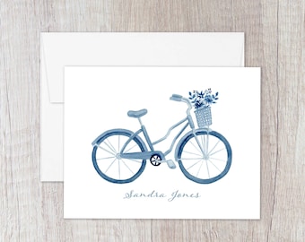 Personalized Blue Bicycle Notecards: Watercolor Stationery Gift