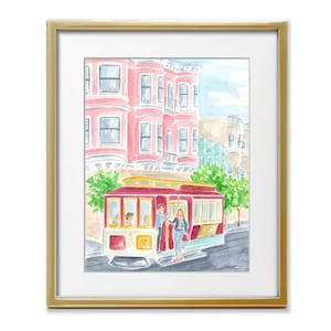 San Francisco Watercolor Print: Colorful Cityscape, Trolley Car Art