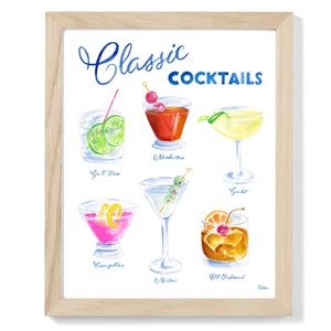 Cocktail Art Print, Watercolor Cocktails, Bar Cart Art, Cocktail Wall Art, Cocktail home decor
