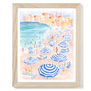 Coastal Beach Scene Art Print: Blue Umbrellas, Seaside Painting