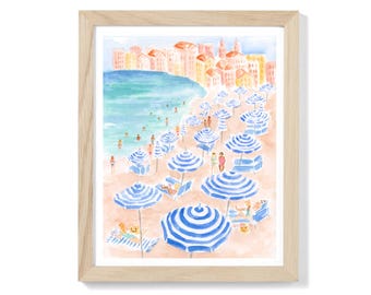 Coastal Beach Scene Art Print: Blue Umbrellas, Seaside Painting