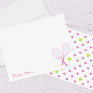 Personalized Tennis Flat Notecard Set, Whimsical Watercolor Tennis Stationery, Custom Gift for Tennis Athlete, Preppy Pink Tennis Racquet