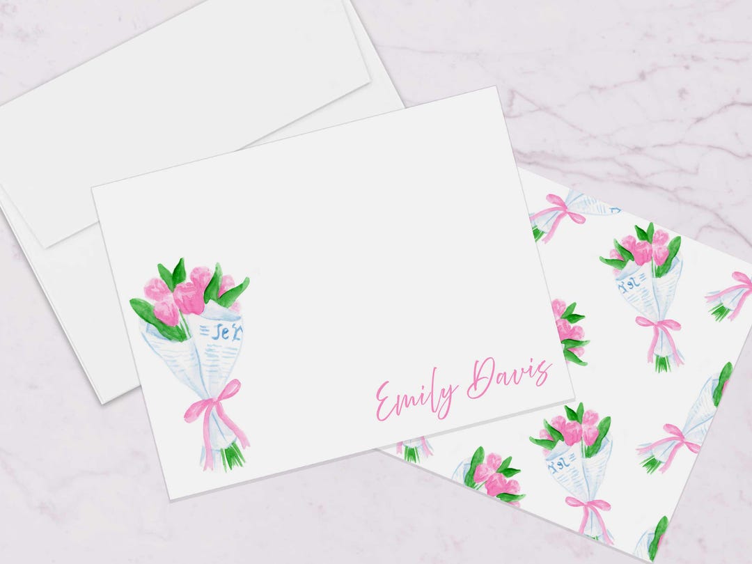 Personalized Floral Bouquet Notecard Set: Pink Watercolor Stationery ...