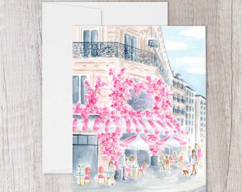 Pink Parisian Café Greeting Card Set, Watercolor Paris Art Cards