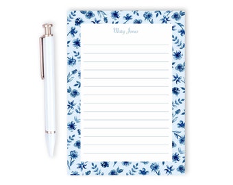 Personalized Floral Notepad, Watercolor Notepad, Bridesmaids Gift, Custom Stationery, Blue Floral Writing Pad, Personalized Gift