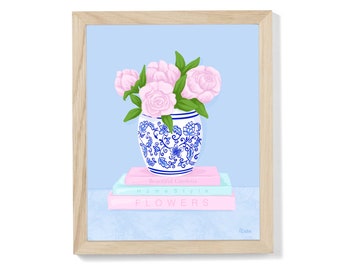 Chinoiserie Wall Art, Colorful Floral Illustration Art Print, Hostess Gift for Her, Chic Home Decor