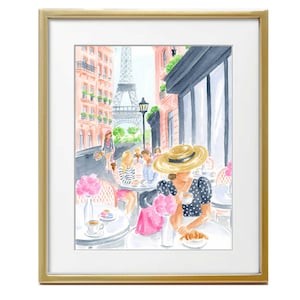 Paris Cafe Watercolor Art Print: Eiffel Tower Parisian Scene