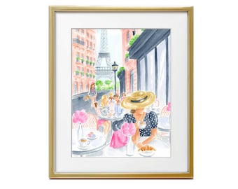 Paris Cafe Watercolor Art Print: Eiffel Tower Parisian Scene
