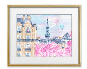 Paris Rooftop Art Print, Parisian Watercolor Travel Wall Art Pink Decor